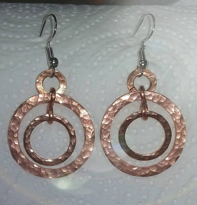 Encircled Ringed Hammered Copper Earrings - handmade by Quiet Space Arts (view 2)