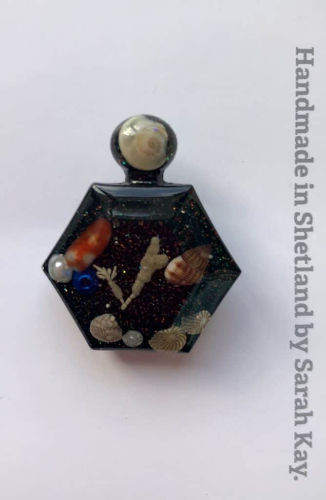 Hexagon bottle brooch, resin jewellery from Shetland. - handmade by Sarah Kay Arts (view 9)