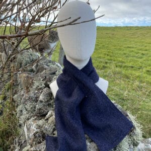 Luxury handmade wrap through tweed scarf – dark blue and purple flecked Shetland tweed.