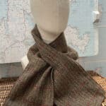 Luxury Shetland tweed wrap through scarf – brown, red, green, blue check tweed.