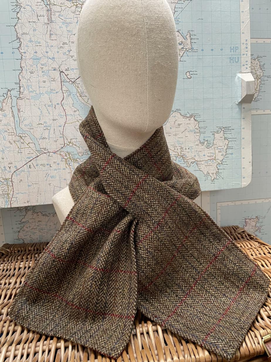 Luxury Shetland tweed wrap through scarf - brown, red, green, blue check tweed. - handmade by SHetland by Sheila Hankin