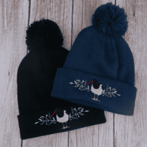 Lovely Blue Floral Oyster Catcher Embroidered Beanie With Bobble - handmade by KC Studios (view 3)