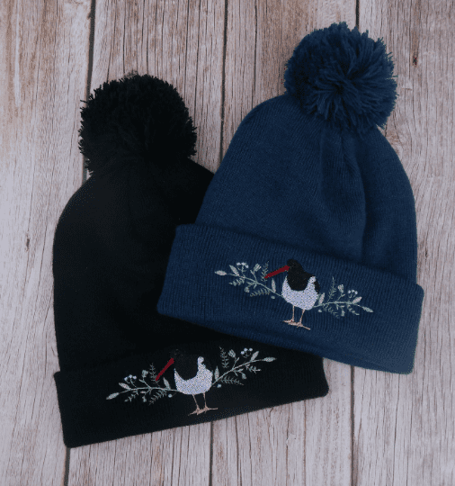 Lovely Blue Floral Oyster Catcher Embroidered Beanie With Bobble - handmade by KC Studios (view 3)