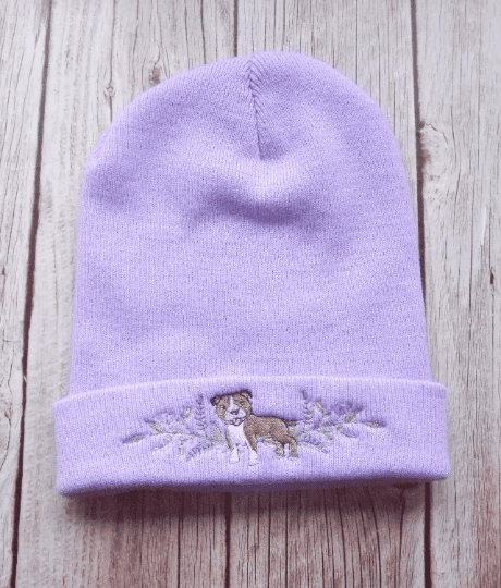 Lovely Staffy Dog Embroidered Beanie - handmade by KC Studios (view 3)