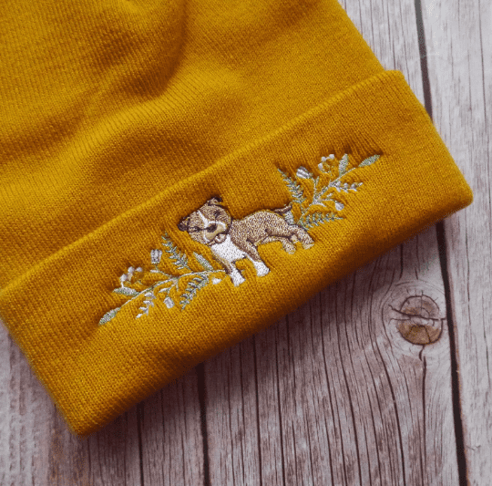 Lovely Staffy Dog Embroidered Beanie - handmade by KC Studios