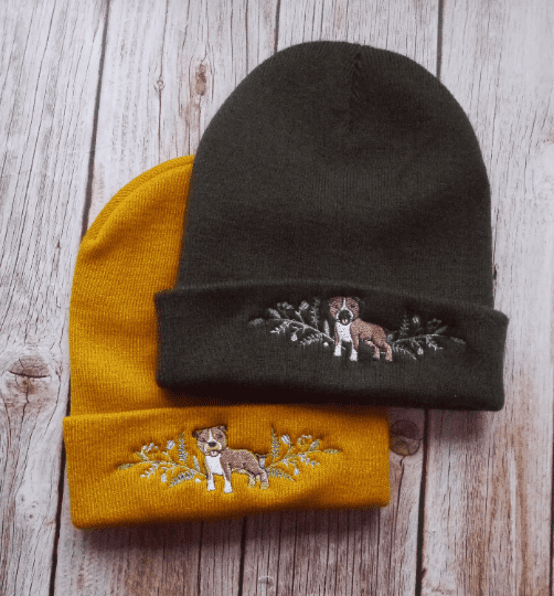 Lovely Staffy Dog Embroidered Beanie - handmade by KC Studios (view 7)