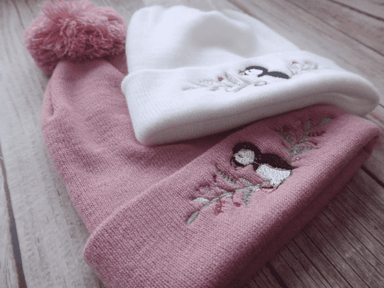 Lovely Floral Puffin Embroidered Beanie With Bobble