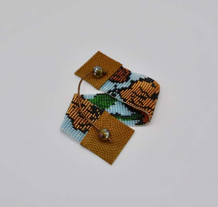 Beaded Poppy Cuff Bracelet in Gold, Green, Blue and Tan