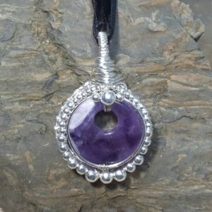 Amethyst Donut with Silver Plated Copper Weft Necklace - handmade by Quiet Space Arts