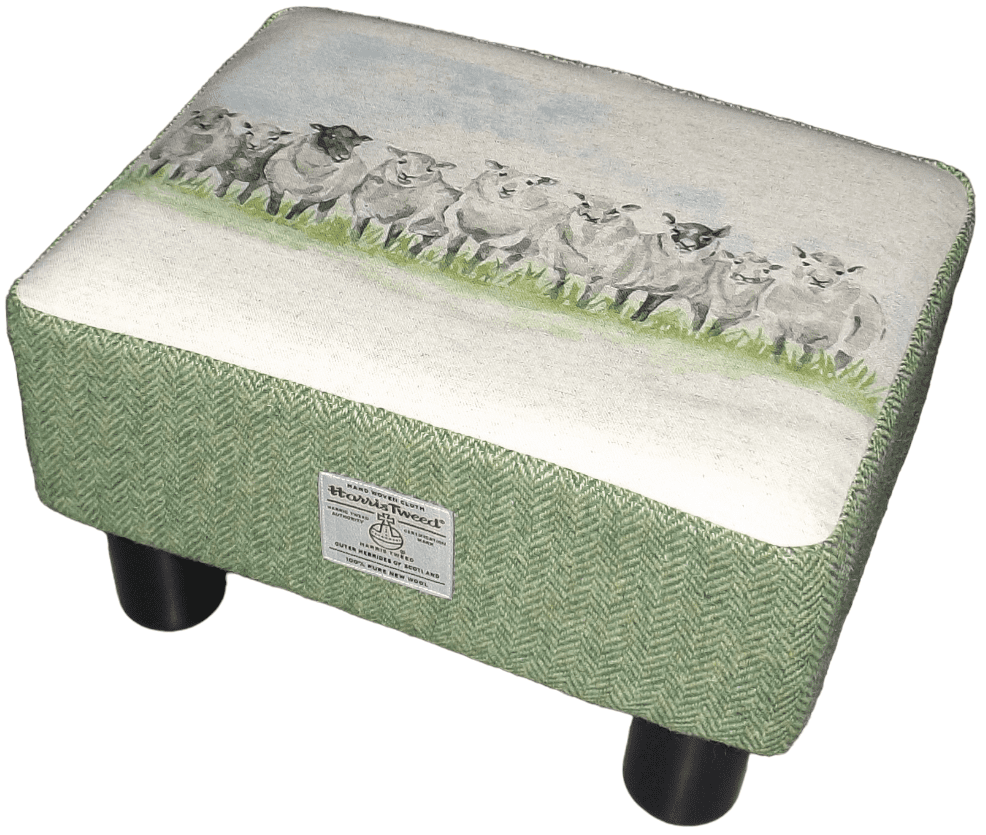 Rectangular Footstool Green Herringbone Harris Tweed with Sheep In a Line - handmade by Hebridean Footstools & Home Accessories (view 2)