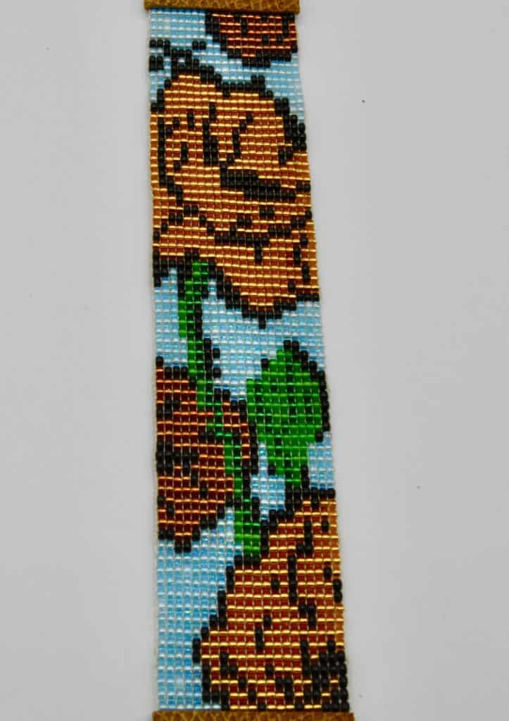 Beaded Poppy Cuff Bracelet in Gold, Green, Blue and Tan