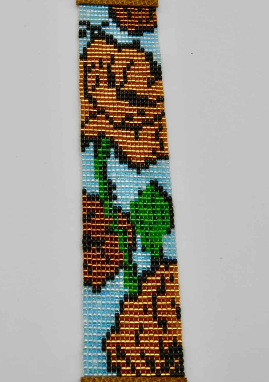 Beaded Poppy Cuff Bracelet in Gold, Green, Blue and Tan - Image 2