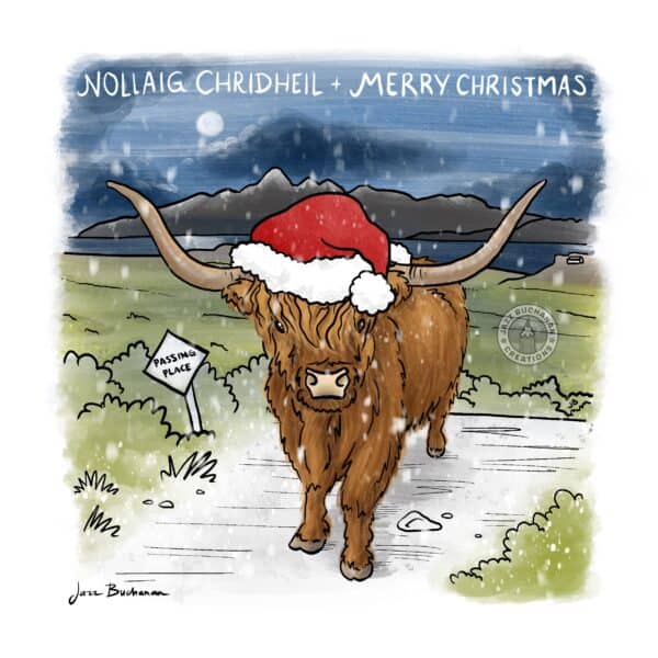 Pack of 5 Highland Cow Christmas cards with Scottish Gaelic