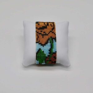 Beaded Poppy Cuff Bracelet in Gold, Green, Blue and Tan - Image 4