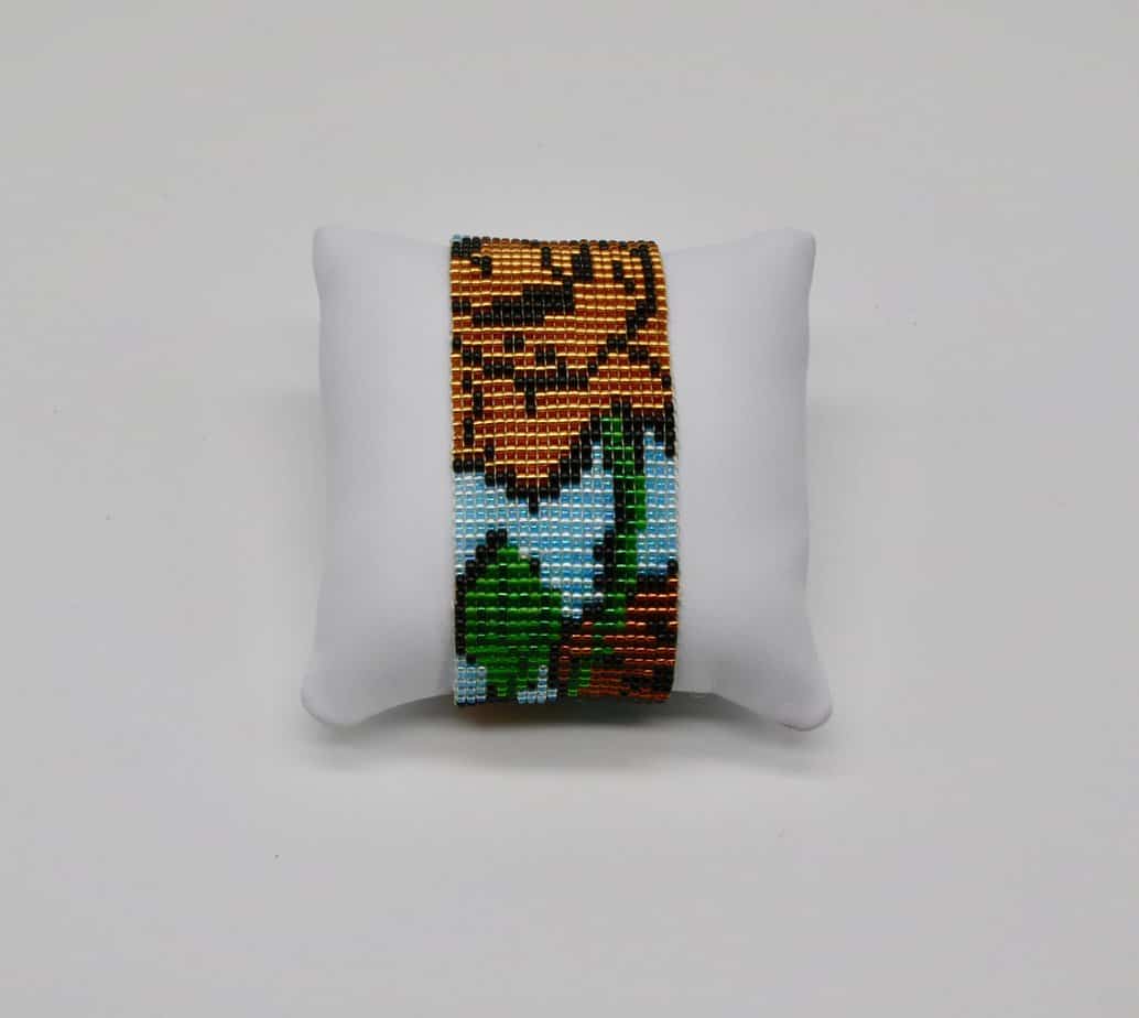 Beaded Poppy Cuff Bracelet in Gold, Green, Blue and Tan - Image 4