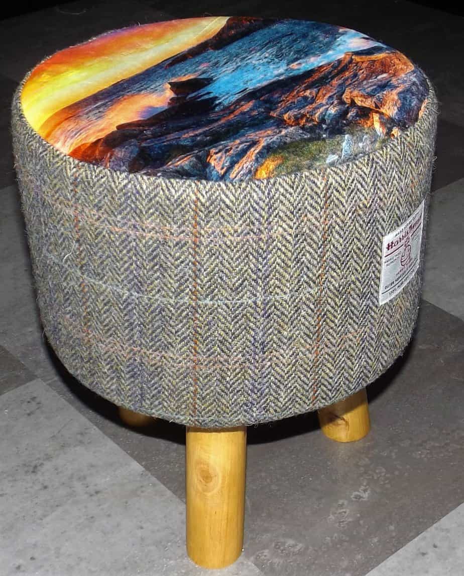 Small Round Footstool with Mealista sunset and Herringbone check Harris Tweed - handmade by Hebridean Footstools & Home Accessories (view 3)