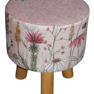 Small Round Footstool Pink Harris Tweed and Voyage Hermione Blush Bee Fabric - Image 2