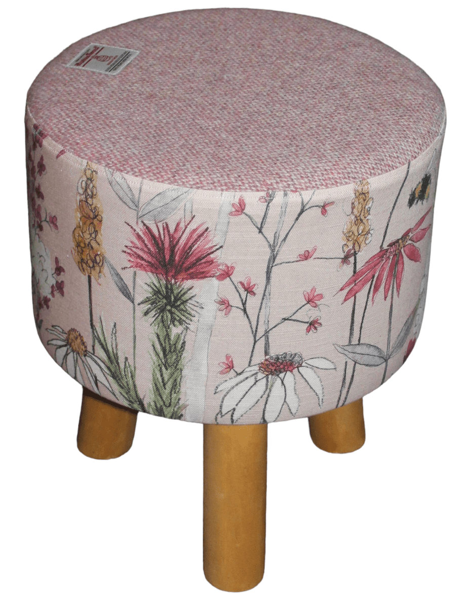 Small Round Footstool Pink Harris Tweed and Voyage Hermione Blush Bee Fabric - Image 2