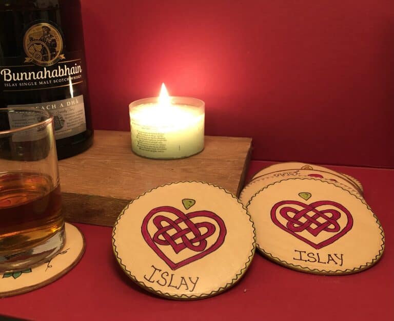 Handmade Leather Coaster Pair with Celtic Heart Design - handmade by Islay Celtic Craft Shop