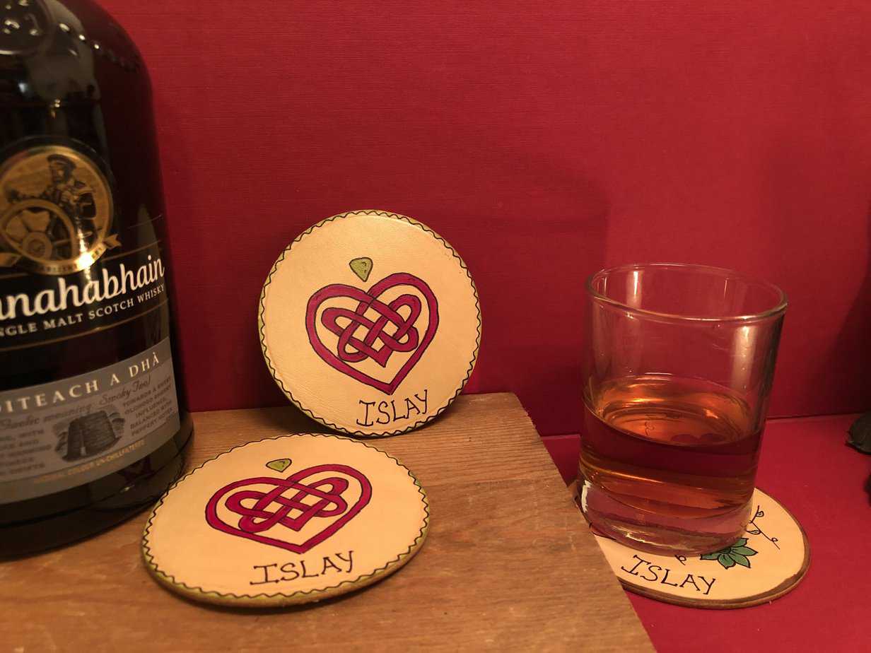 Handmade Leather Coaster Pair with Celtic Heart Design - handmade by Islay Celtic Craft Shop (view 2)