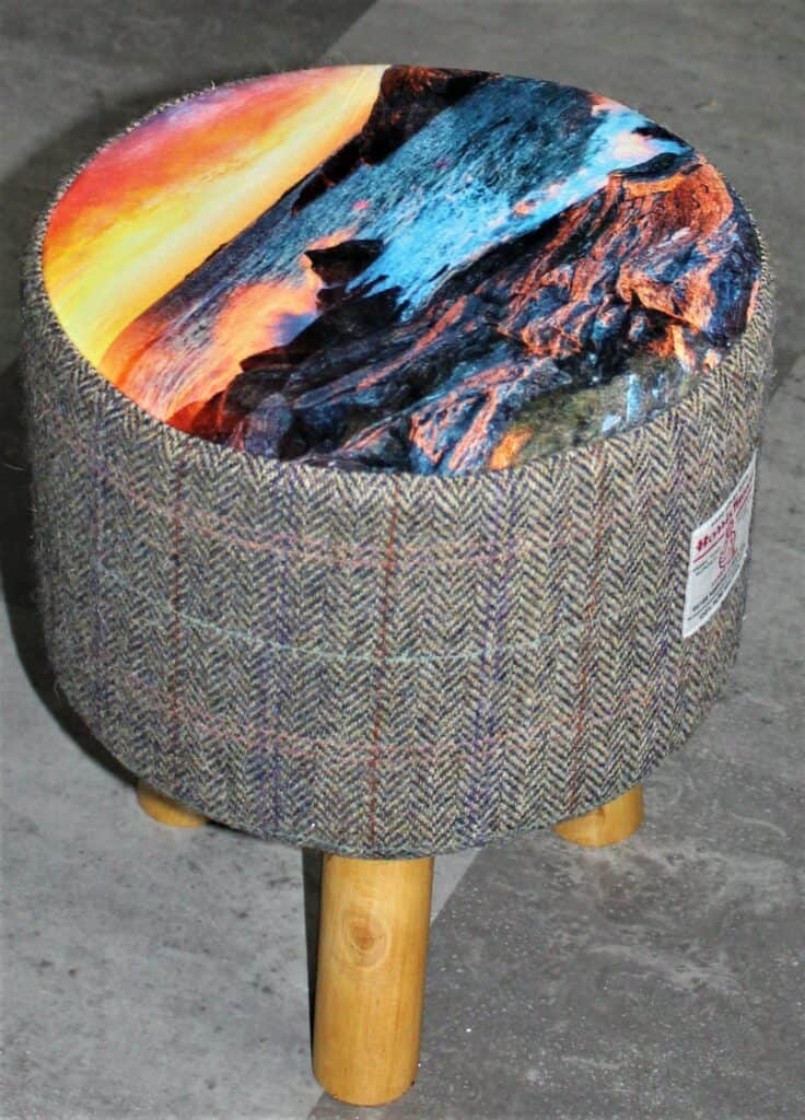 Small Round Footstool with Mealista sunset and Herringbone check Harris Tweed - handmade by Hebridean Footstools & Home Accessories (view 4)