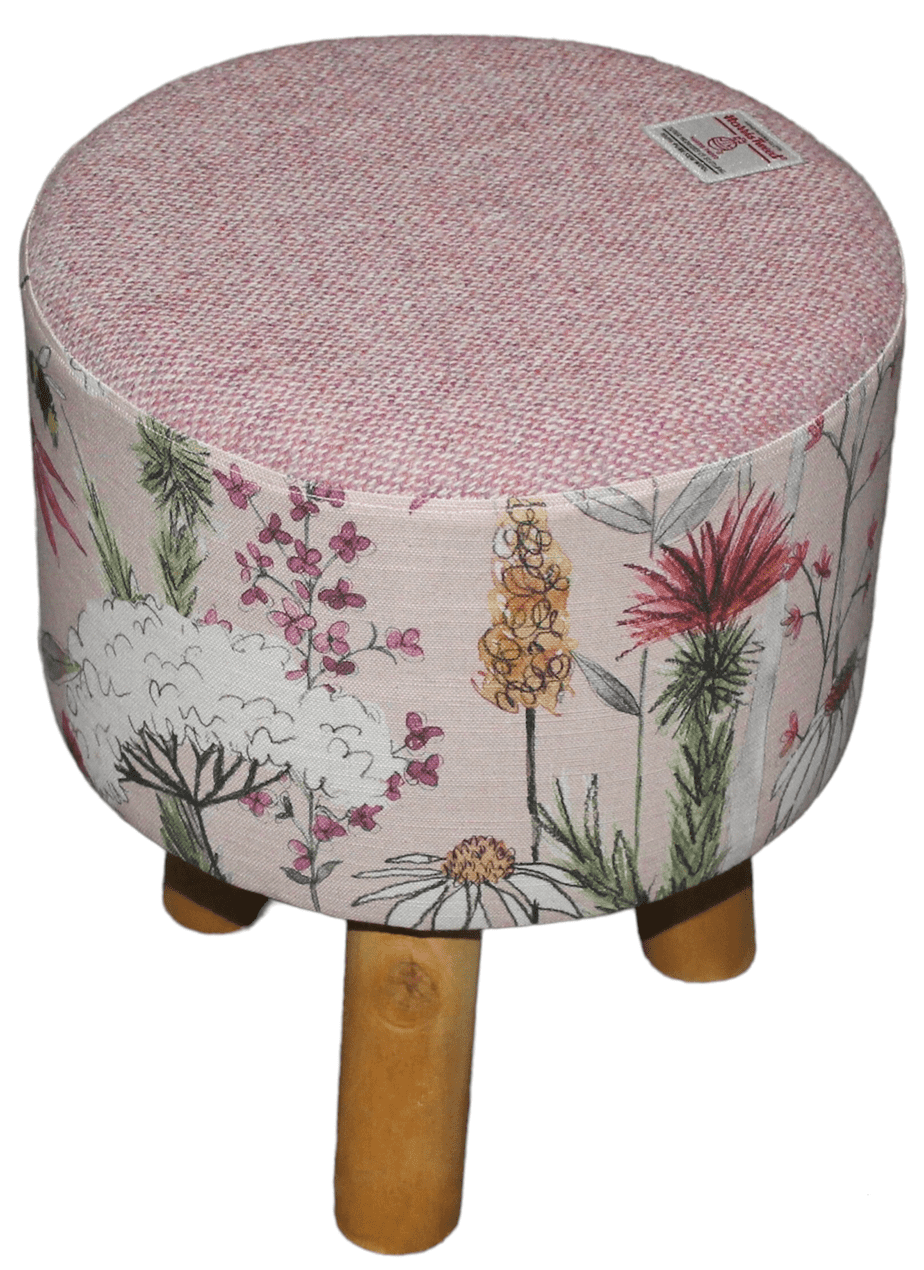 Small Round Footstool Pink Harris Tweed and Voyage Hermione Blush Bee Fabric - Image 3