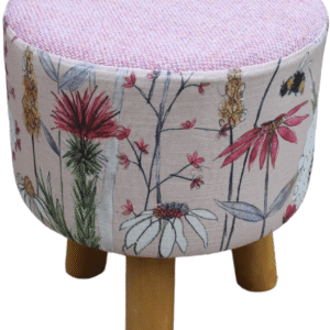 Small Round Footstool Pink Harris Tweed and Voyage Hermione Blush Bee Fabric - Image 4