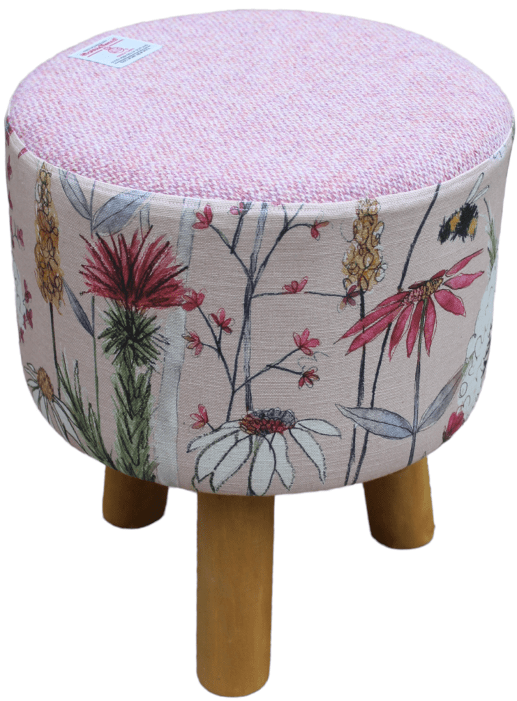 Small Round Footstool Pink Harris Tweed and Voyage Hermione Blush Bee Fabric