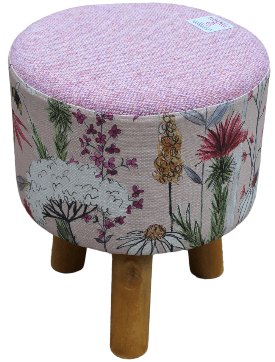 Small Round Footstool Pink Harris Tweed and Voyage Hermione Blush Bee Fabric - Image 5