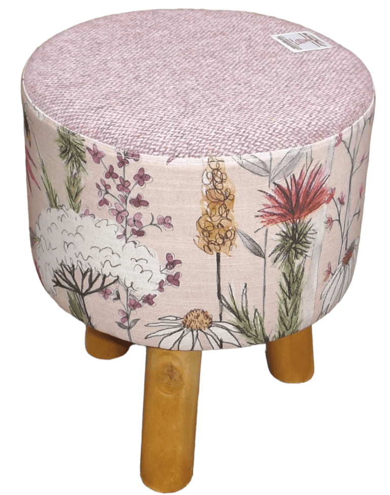 Small Round Footstool Pink Harris Tweed and Voyage Hermione Blush Bee Fabric