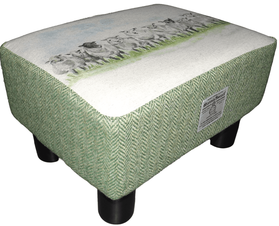 Rectangular Footstool Green Herringbone Harris Tweed with Sheep In a Line - handmade by Hebridean Footstools & Home Accessories (view 3)