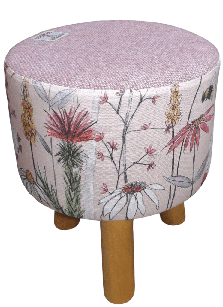 Small Round Footstool Pink Harris Tweed and Voyage Hermione Blush Bee Fabric