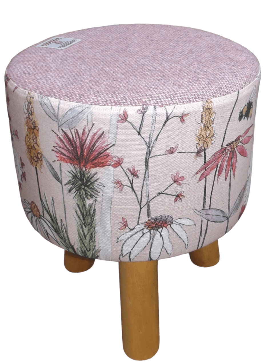 Small Round Footstool Pink Harris Tweed and Voyage Hermione Blush Bee Fabric - Image 7
