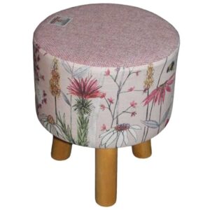 Small Round Footstool Pink Harris Tweed and Voyage Hermione Blush Bee Fabric - Image 1