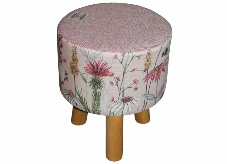 Small Round Footstool Pink Harris Tweed and Voyage Hermione Blush Bee Fabric