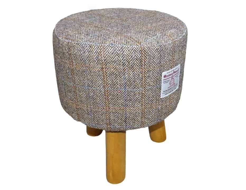 Small Round Footstool with Herringbone Check Harris Tweed - handmade by Hebridean Footstools & Home Accessories