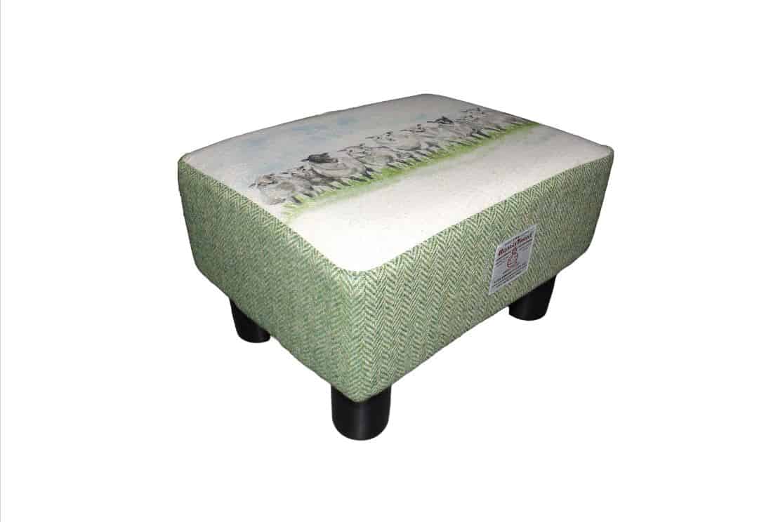 Rectangular Footstool Green Herringbone Harris Tweed with Sheep In a Line - handmade by Hebridean Footstools & Home Accessories