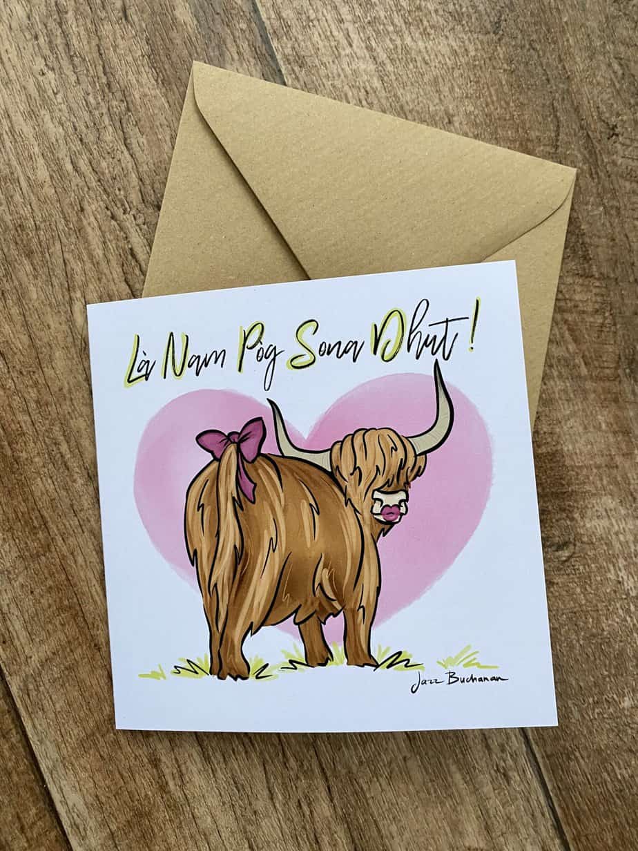 Gàidhlig Highland Cow Valentine’s card - Image 1