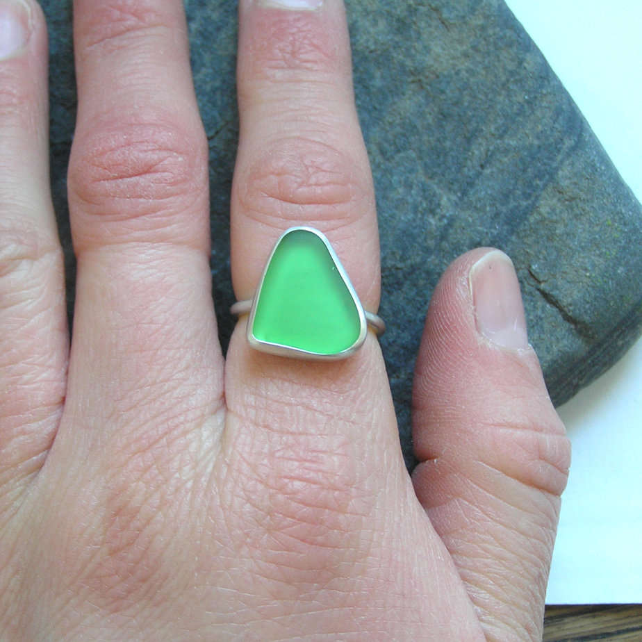Green Sea glass Ring Handmade in Recycled Sterling Silver Size M 1/2 - handmade by Hazel