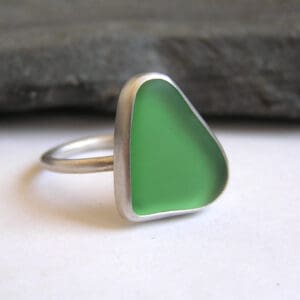 Green Sea glass Ring Handmade in Recycled Sterling Silver Size M 1/2