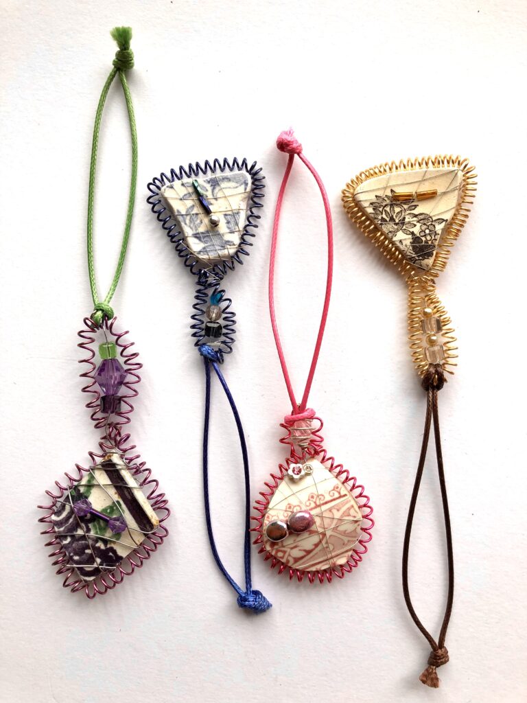 Sea pottery hanging decoration. Wire wrapped keepsake.