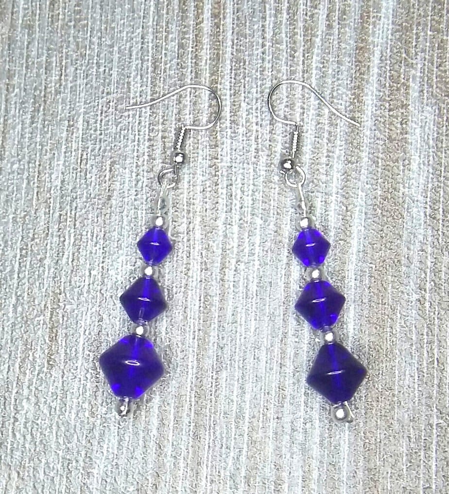 Silver Plated Bicone Shaped Blue Glass Beaded Earrings - handmade by Quiet Space Arts (view 2)