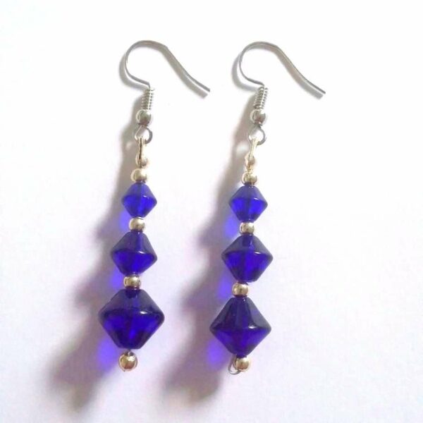 Silver Plated Bicone Shaped Blue Glass Beaded Earrings - handmade by Quiet Space Arts