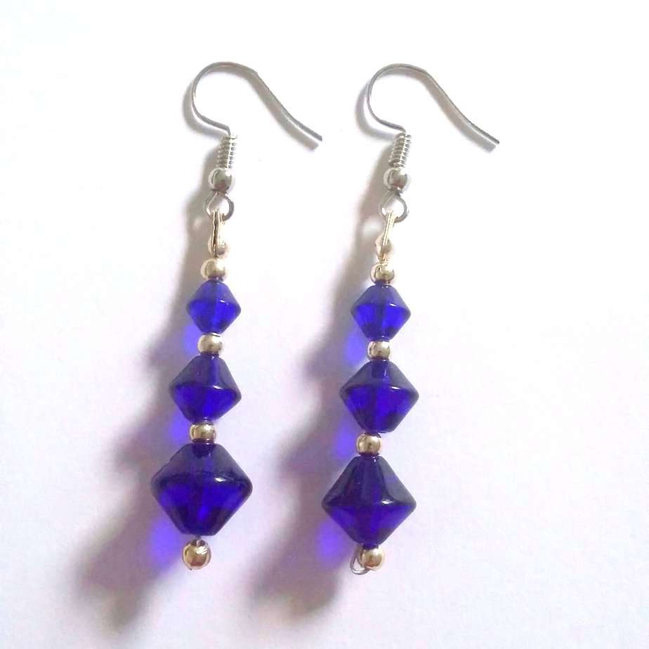 Silver Plated Bicone Shaped Blue Glass Beaded Earrings - handmade by Quiet Space Arts