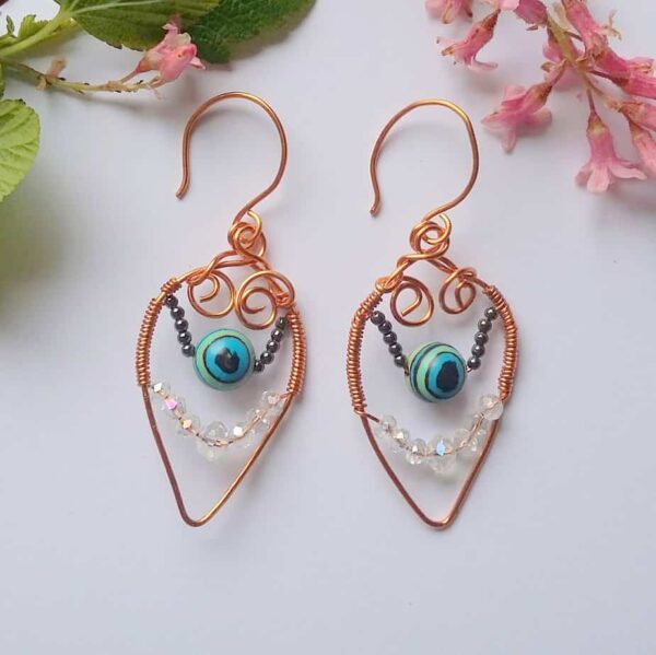 Artisan Boho Copper and Haematite Teardrop Drop Hook Earrings