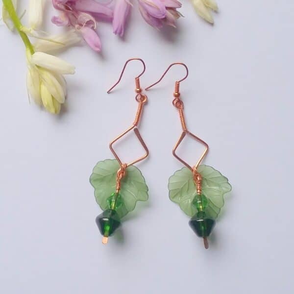 'Springtime Joy' Copper and Lucite Leaf Drop Hook Earrings - handmade by Quiet Space Arts