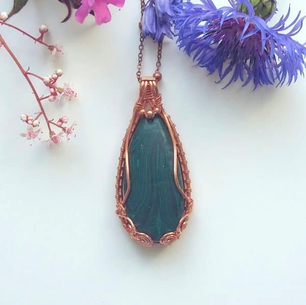 Malachite Effect and Copper Wire Wrapped Necklace