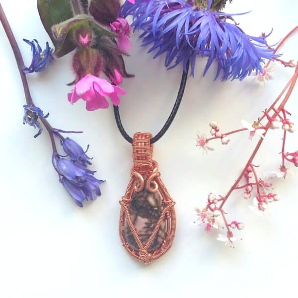 Rhodonite Stone with Copper Necklace - handmade by Quiet Space Arts (view 3)