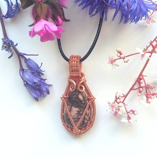 Rhodonite Stone with Copper Necklace - handmade by Quiet Space Arts
