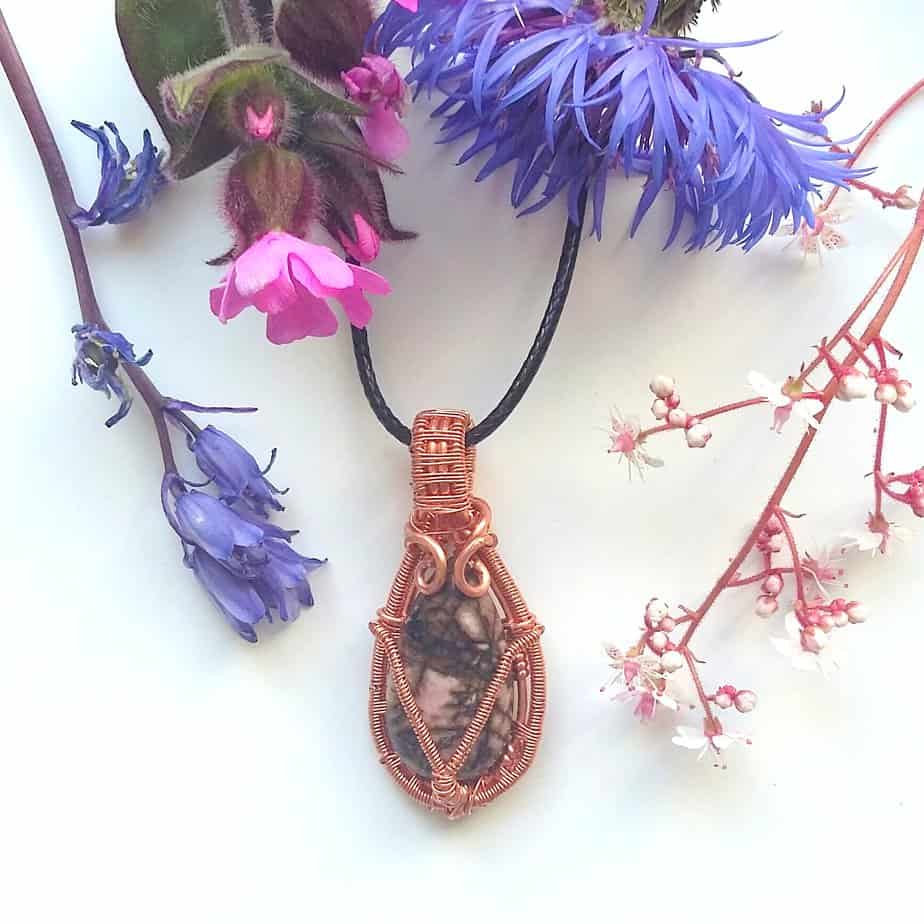 Rhodonite Stone with Copper Necklace - handmade by Quiet Space Arts (view 3)